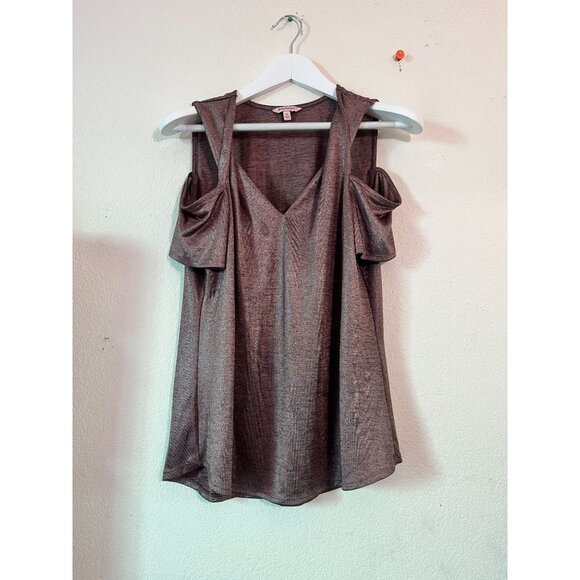 Juicy Couture Womens Brown Metallic Cold Shoulder Top XL Short Sleeve Stretch - Picture 1 of 9